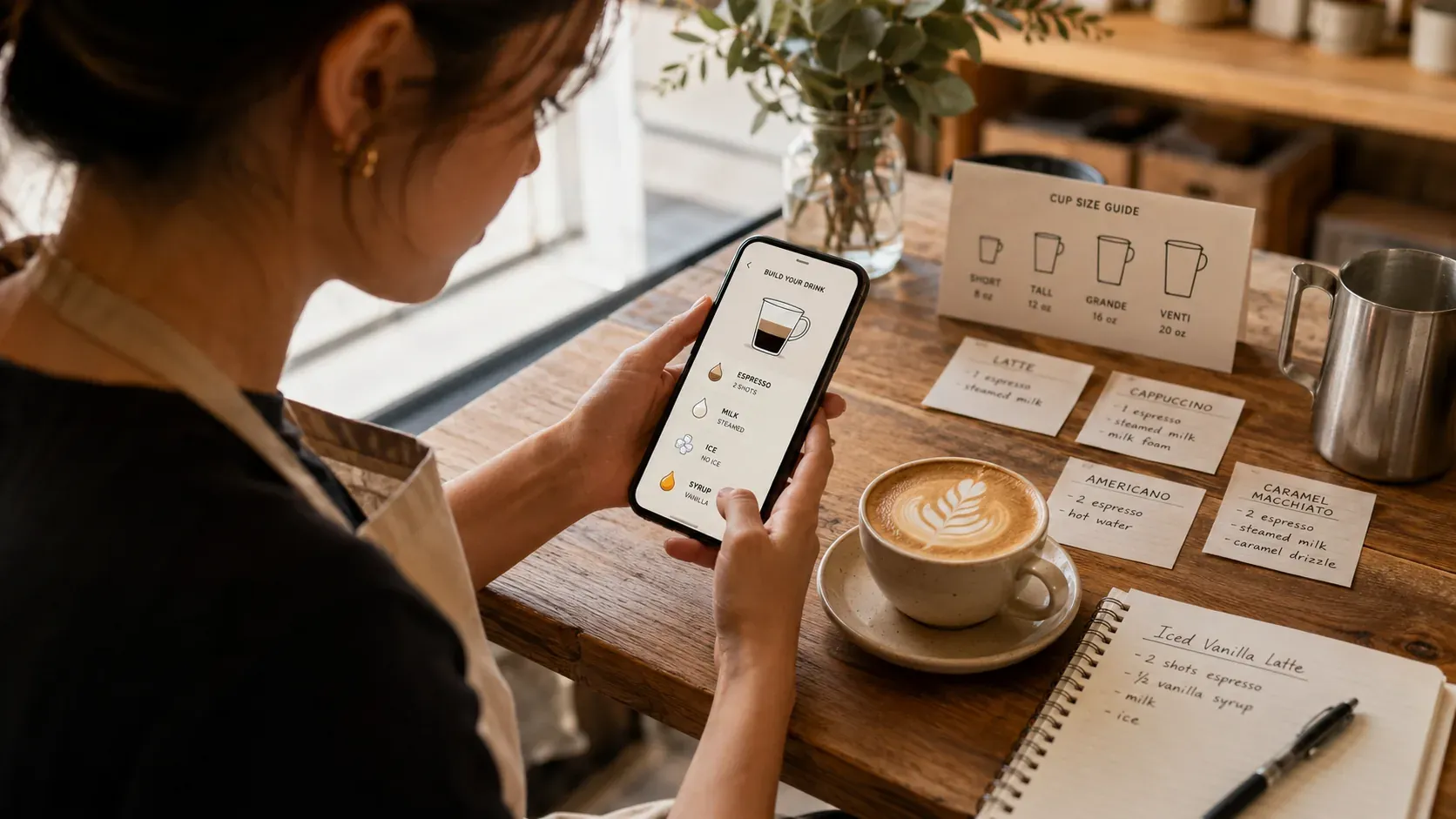 Barista checking espresso shots by cup size in a drink-builder app beside a Short, Tall, Grande and Venti cup-size guide