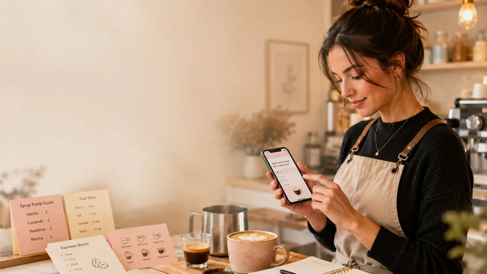 New barista practicing syrup pump counts on a quiz app beside a syrup pump guide and cup-size cards