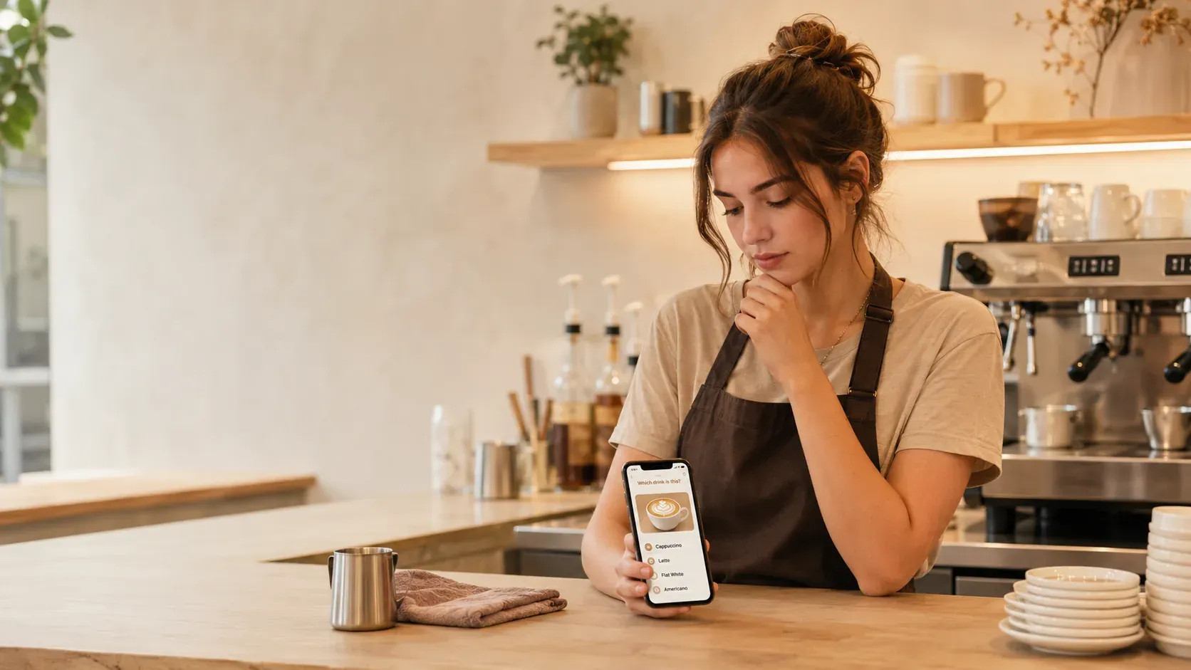 New barista taking a drink identification quiz on her phone, choosing between cappuccino, latte, flat white and americano