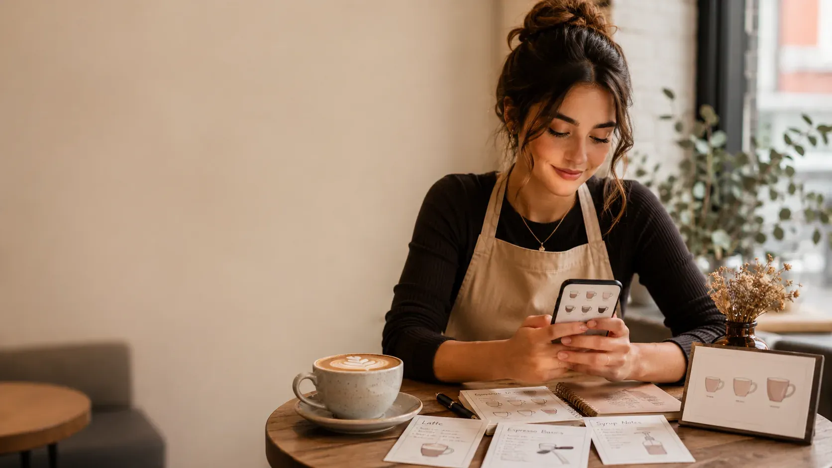 New barista memorizing café drink recipes on her phone with cup-size and syrup recipe cards on the table