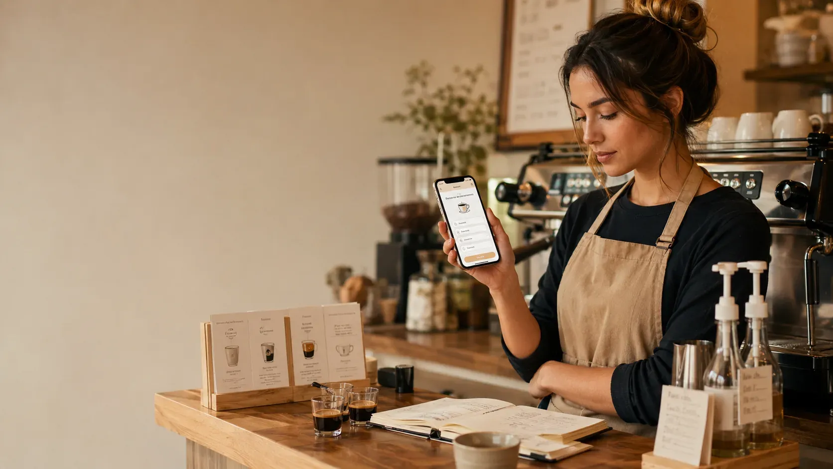 New barista practicing drink recipes on her phone at the espresso bar to get faster before the rush