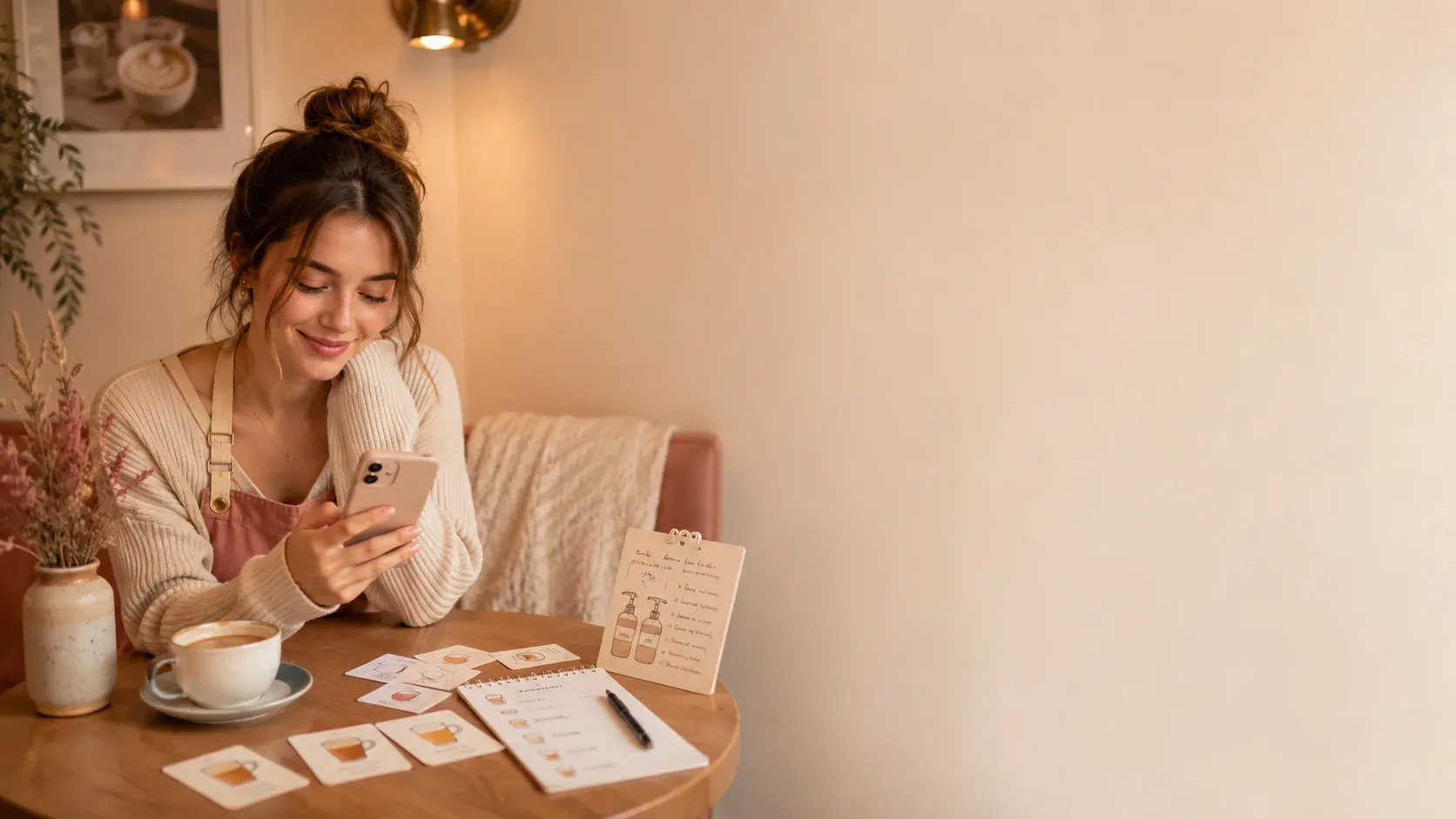 New barista practicing drink recipes with flashcards on her phone before her first café shift